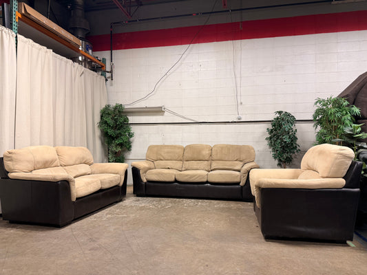 3-Piece Beige & Espresso Living Room Set – Sofa, Loveseat & Chair