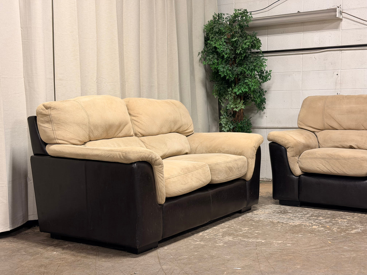 3-Piece Beige & Espresso Living Room Set – Sofa, Loveseat & Chair