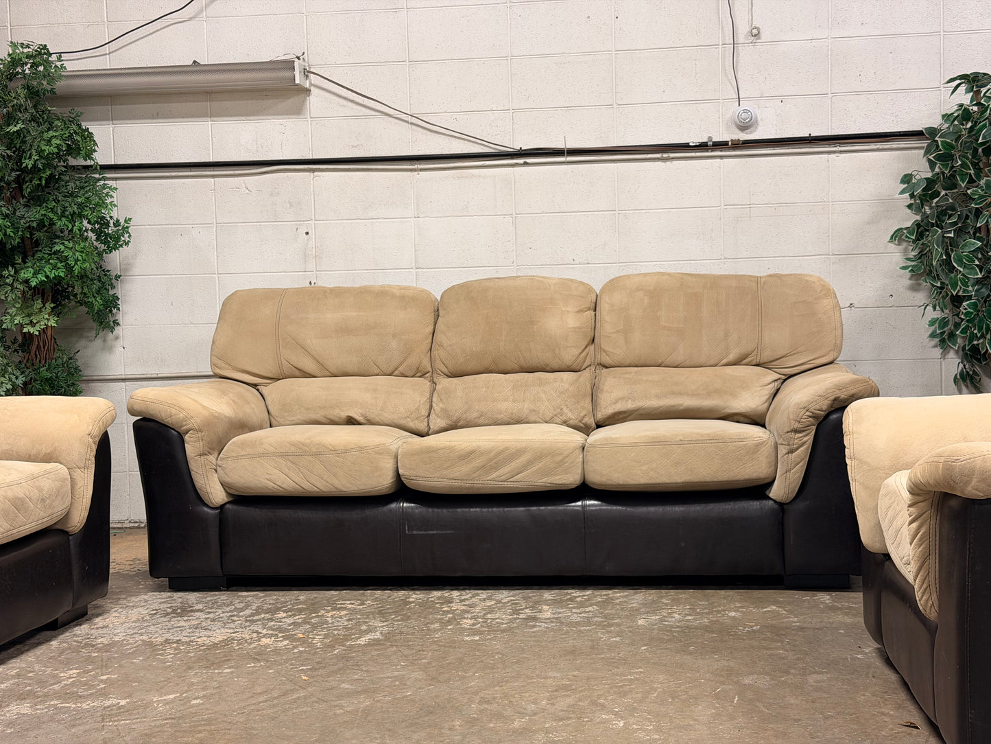 3-Piece Beige & Espresso Living Room Set – Sofa, Loveseat & Chair