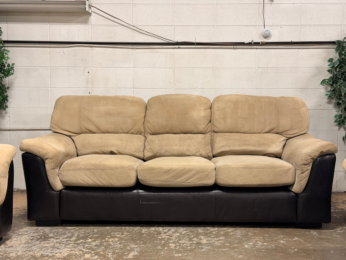 3-Piece Beige & Espresso Living Room Set – Sofa, Loveseat & Chair